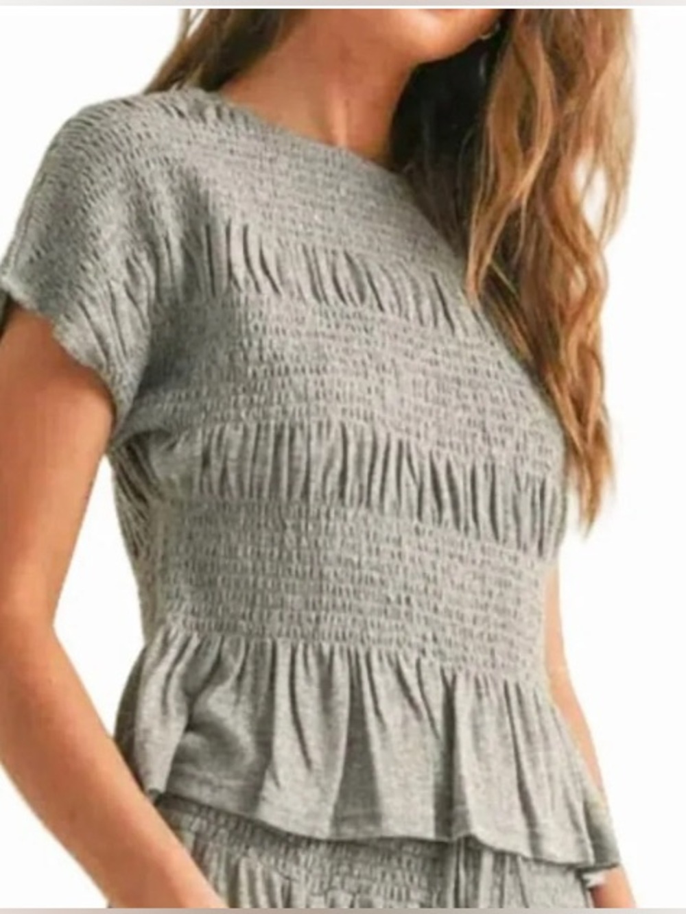 NEW- XXL fairy
Renaissance style
Smocked Peplum 
Short Sleeve  Y2K grey top